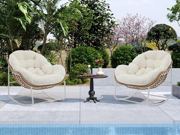 Oversized Outdoor Papasan Rocking Chair with Soft Cushion  Comfy Patio Egg Chair  Wicker Lounge Rocker for Balcony/Porch/Garden  Reinforced All Weather Rattan Frame  330 lbs Support  Navy Blue