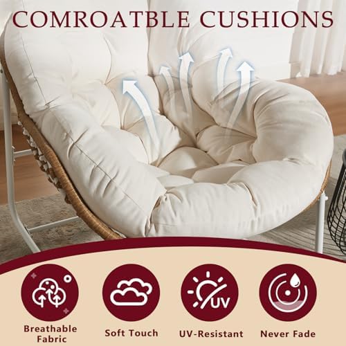 Oversized Outdoor Papasan Rocking Chair with Soft Cushion  Comfy Patio Egg Chair  Wicker Lounge Rocker for Balcony/Porch/Garden  Reinforced All Weather Rattan Frame  330 lbs Support  Navy Blue