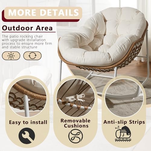 Oversized Outdoor Papasan Rocking Chair with Soft Cushion  Comfy Patio Egg Chair  Wicker Lounge Rocker for Balcony/Porch/Garden  Reinforced All Weather Rattan Frame  330 lbs Support  Navy Blue