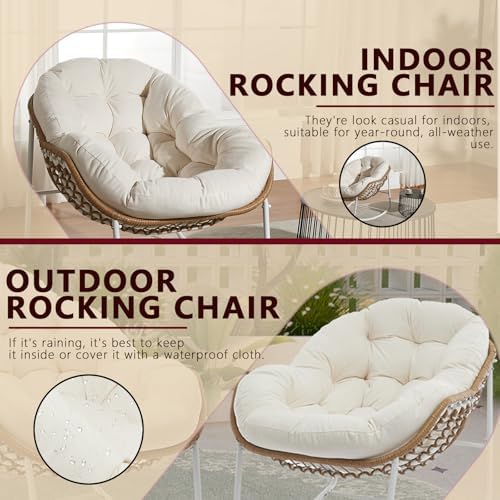 Oversized Outdoor Papasan Rocking Chair with Soft Cushion  Comfy Patio Egg Chair  Wicker Lounge Rocker for Balcony/Porch/Garden  Reinforced All Weather Rattan Frame  330 lbs Support  Navy Blue