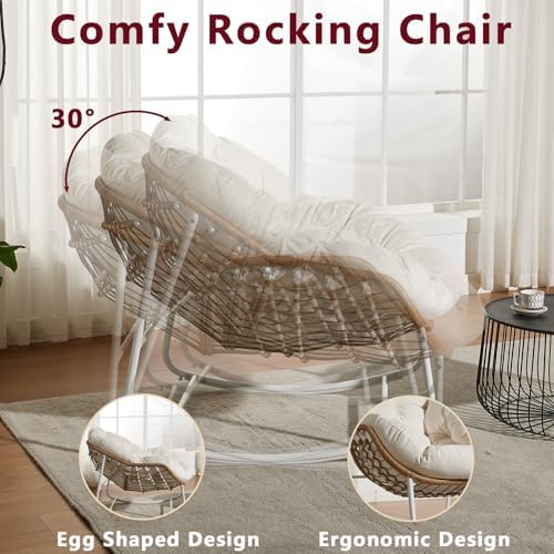 Oversized Outdoor Papasan Rocking Chair with Soft Cushion  Comfy Patio Egg Chair  Wicker Lounge Rocker for Balcony/Porch/Garden  Reinforced All Weather Rattan Frame  330 lbs Support  Navy Blue