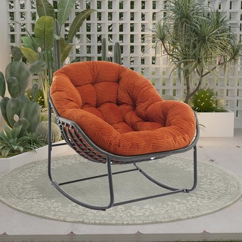 Oversized Outdoor Papasan Rocking Chair with Soft Cushion  Comfy Patio Egg Chair  Wicker Lounge Rocker for Balcony/Porch/Garden  Reinforced All Weather Rattan Frame  330 lbs Support  Navy Blue