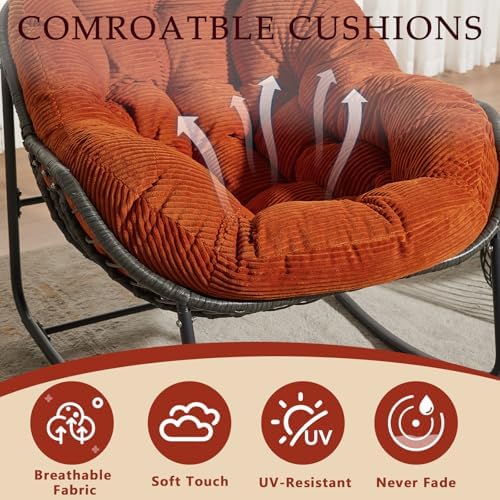 Oversized Outdoor Papasan Rocking Chair with Soft Cushion  Comfy Patio Egg Chair  Wicker Lounge Rocker for Balcony/Porch/Garden  Reinforced All Weather Rattan Frame  330 lbs Support  Navy Blue