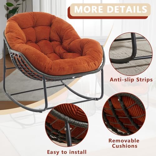 Oversized Outdoor Papasan Rocking Chair with Soft Cushion  Comfy Patio Egg Chair  Wicker Lounge Rocker for Balcony/Porch/Garden  Reinforced All Weather Rattan Frame  330 lbs Support  Navy Blue