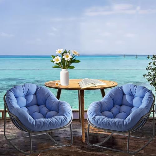 Oversized Outdoor Papasan Rocking Chair with Soft Cushion  Comfy Patio Egg Chair  Wicker Lounge Rocker for Balcony/Porch/Garden  Reinforced All Weather Rattan Frame  330 lbs Support  Navy Blue