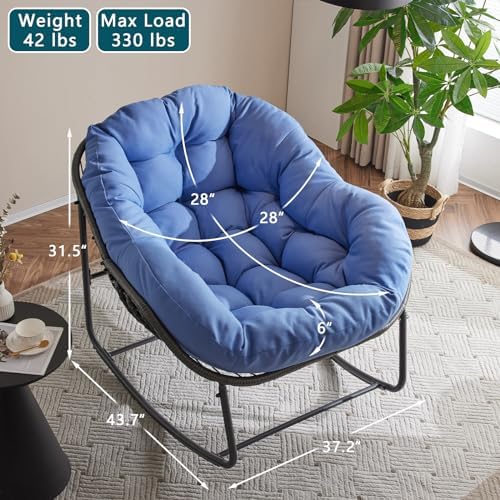 Oversized Outdoor Papasan Rocking Chair with Soft Cushion  Comfy Patio Egg Chair  Wicker Lounge Rocker for Balcony/Porch/Garden  Reinforced All Weather Rattan Frame  330 lbs Support  Navy Blue