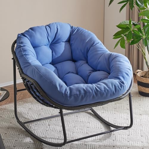 Oversized Outdoor Papasan Rocking Chair with Soft Cushion  Comfy Patio Egg Chair  Wicker Lounge Rocker for Balcony/Porch/Garden  Reinforced All Weather Rattan Frame  330 lbs Support  Navy Blue