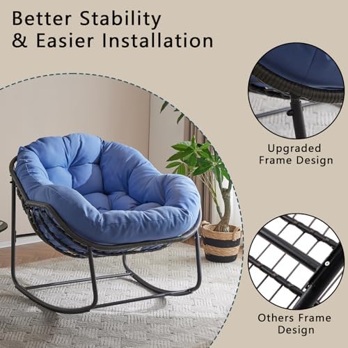 Oversized Outdoor Papasan Rocking Chair with Soft Cushion  Comfy Patio Egg Chair  Wicker Lounge Rocker for Balcony/Porch/Garden  Reinforced All Weather Rattan Frame  330 lbs Support  Navy Blue