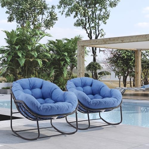 Oversized Outdoor Papasan Rocking Chair with Soft Cushion  Comfy Patio Egg Chair  Wicker Lounge Rocker for Balcony/Porch/Garden  Reinforced All Weather Rattan Frame  330 lbs Support  Navy Blue