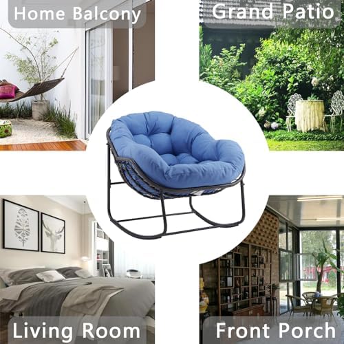 Oversized Outdoor Papasan Rocking Chair with Soft Cushion  Comfy Patio Egg Chair  Wicker Lounge Rocker for Balcony/Porch/Garden  Reinforced All Weather Rattan Frame  330 lbs Support  Navy Blue