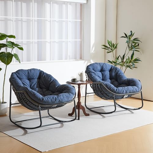Oversized Outdoor Papasan Rocking Chair with Soft Cushion  Comfy Patio Egg Chair  Wicker Lounge Rocker for Balcony/Porch/Garden  Reinforced All Weather Rattan Frame  330 lbs Support  Navy Blue
