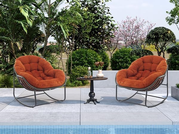 Oversized Outdoor Papasan Rocking Chair with Soft Cushion  Comfy Patio Egg Chair  Wicker Lounge Rocker for Balcony/Porch/Garden  Reinforced All Weather Rattan Frame  330 lbs Support  Navy Blue