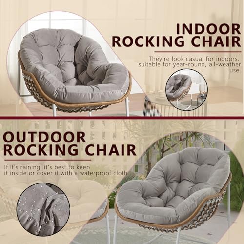 Oversized Outdoor Papasan Rocking Chair with Soft Cushion  Comfy Patio Egg Chair  Wicker Lounge Rocker for Balcony/Porch/Garden  Reinforced All Weather Rattan Frame  330 lbs Support  Navy Blue