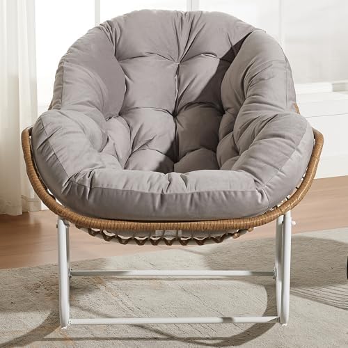 Oversized Outdoor Papasan Rocking Chair with Soft Cushion  Comfy Patio Egg Chair  Wicker Lounge Rocker for Balcony/Porch/Garden  Reinforced All Weather Rattan Frame  330 lbs Support  Navy Blue