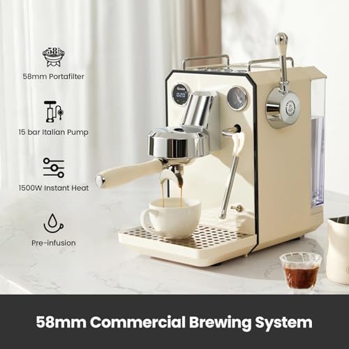 Owl Espresso Machine  15 Bar Professional Semi Automatic Espresso Maker with Milk Frother Steam Wand  57oz Removable Water Tank  Dual Display  for Cappuccino  Latte at home  G3006  Ivory White