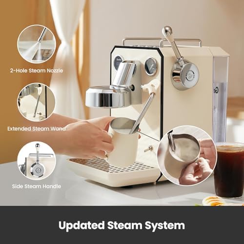 Owl Espresso Machine  15 Bar Professional Semi Automatic Espresso Maker with Milk Frother Steam Wand  57oz Removable Water Tank  Dual Display  for Cappuccino  Latte at home  G3006  Ivory White