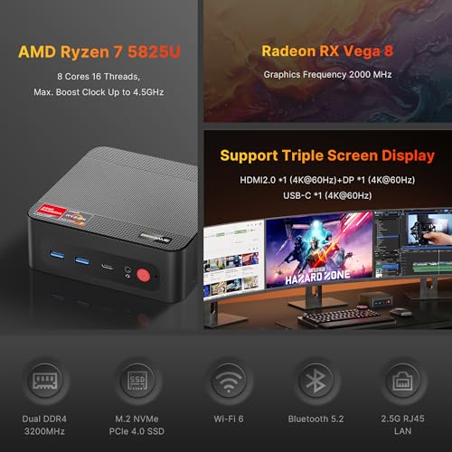 P4 Light Gaming Mini PC  Ryzen 7 5825U  32GB RAM 1TB SSD  11 Pro Triple 4K 60HZ Displays Desktop Computers  Support PS3 Emulator Micro PC  HDMI DP Type C  WiFi 6E  BT5 2  Dual 2 5GbE LAN