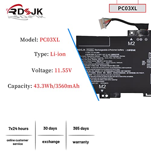PC03XL Laptop Battery for HP Pavilion X360 14 14 DW 14 DY 14 DH 14 BA 14 CD 15 ER 14 DW0021NA 14 DY0003NS 14 DH0006TX 15 ER0125OD 15 ER0024NF HSTNN OB1W M24421 271 M24421 AC1 M24648 005 11 55V 43 3Wh