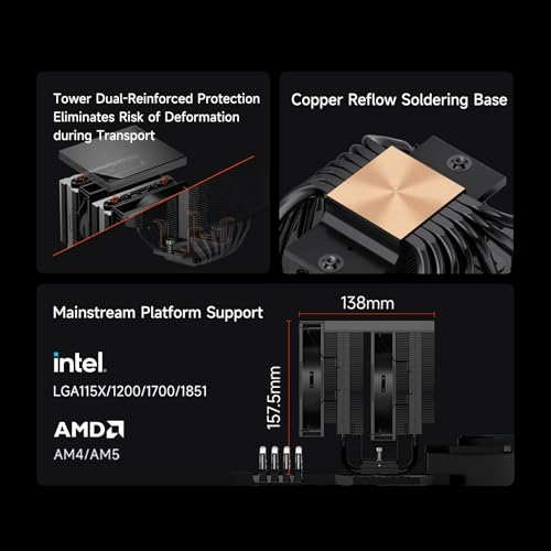 PCCOOLER CPU Air Cooler Dual Tower  7 6mm Heatpipes  120mm Hydraulic PWM Fan  Anti Deformation Bracket  Wavy Fin Stack  Copper Reflow Base  Intel LGA1851/1700 & AMD AM5 Compatible RT720 TC BK 