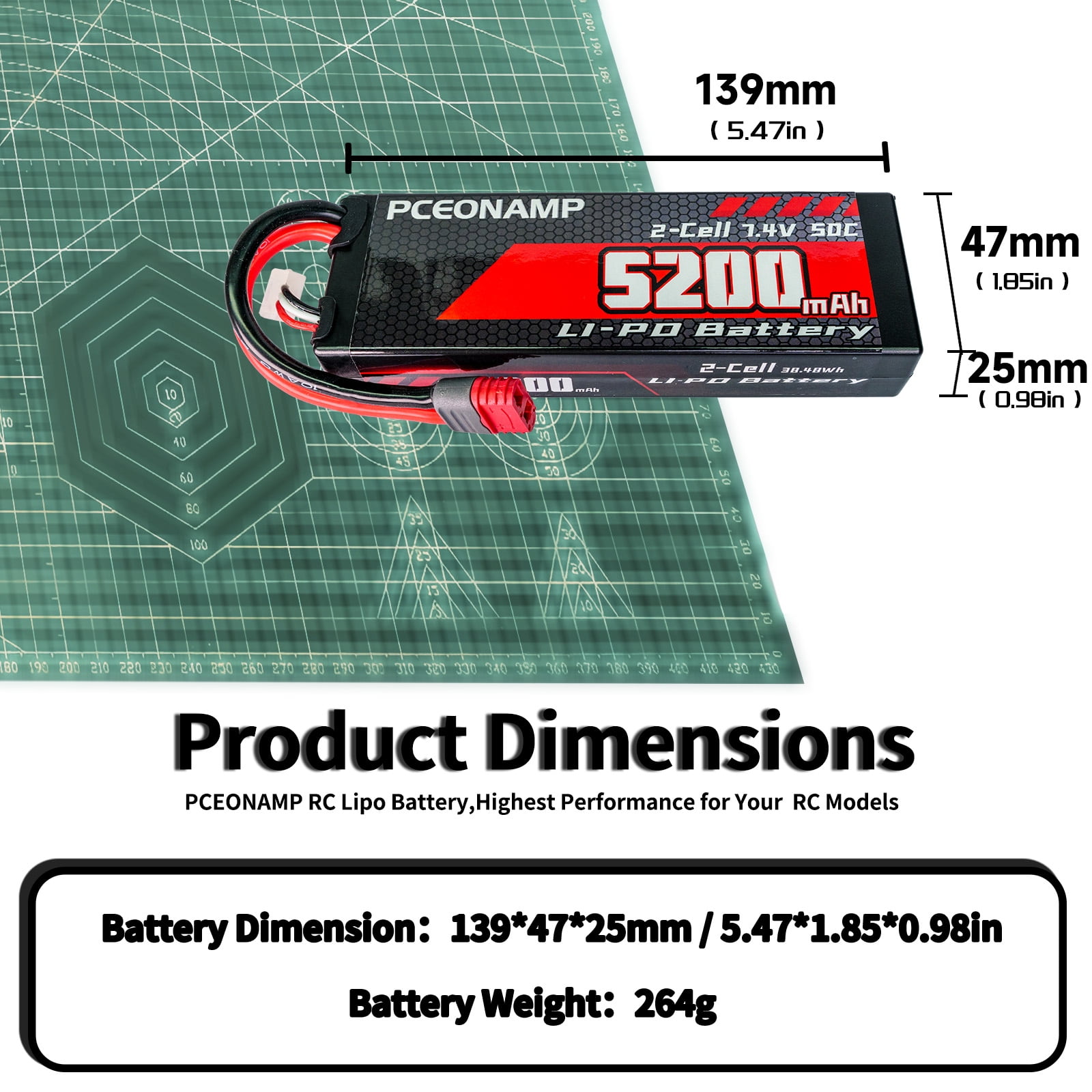 PCEONAMP 7 4V Lipo Battery 2S 50C 5200mAh Lipo Hard Case with T plug for RC Car Trucks 1/7 1/8 1/10 RC Vehicles