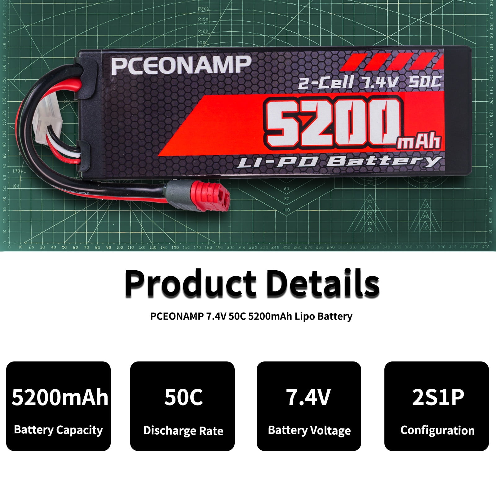 PCEONAMP 7 4V Lipo Battery 2S 50C 5200mAh Lipo Hard Case with T plug for RC Car Trucks 1/7 1/8 1/10 RC Vehicles