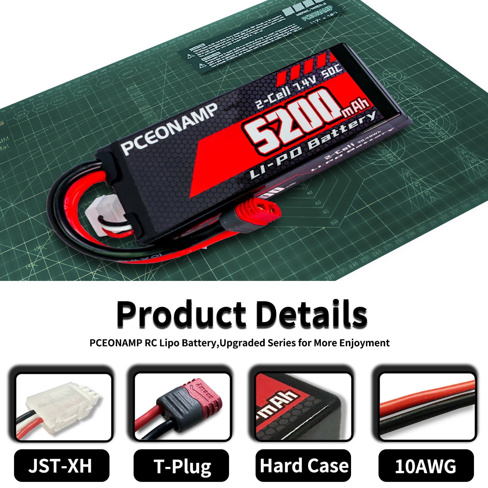 PCEONAMP 7 4V Lipo Battery 2S 50C 5200mAh Lipo Hard Case with T plug for RC Car Trucks 1/7 1/8 1/10 RC Vehicles