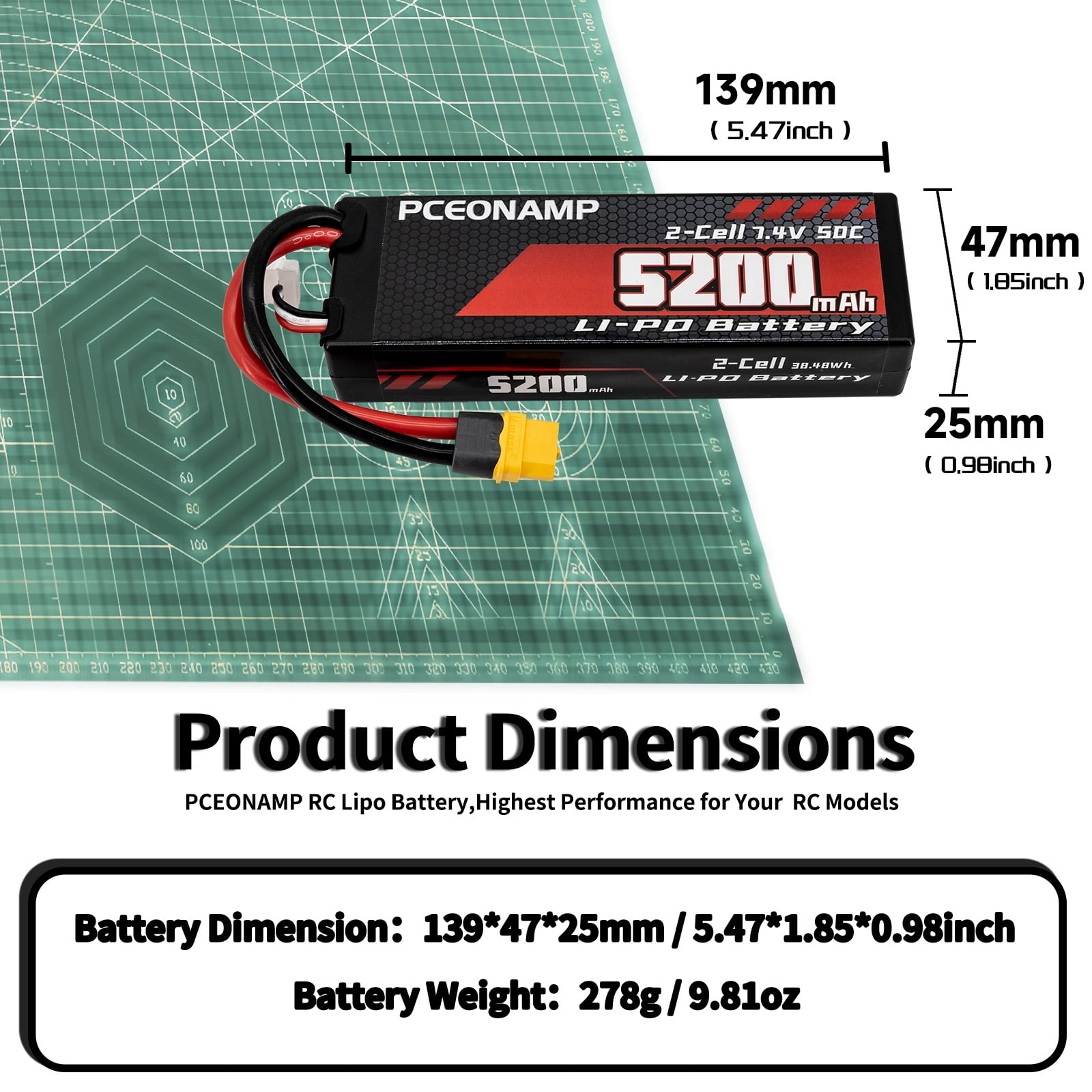 PCEONAMP  5200mAh 2S Lipo Battery 7 4V  Battery with XT60 Plug Hard Case fit for 1/8 1/10 RC Vehicles Car Slash RC Buggy Truggy RC Airplane UAV Drone