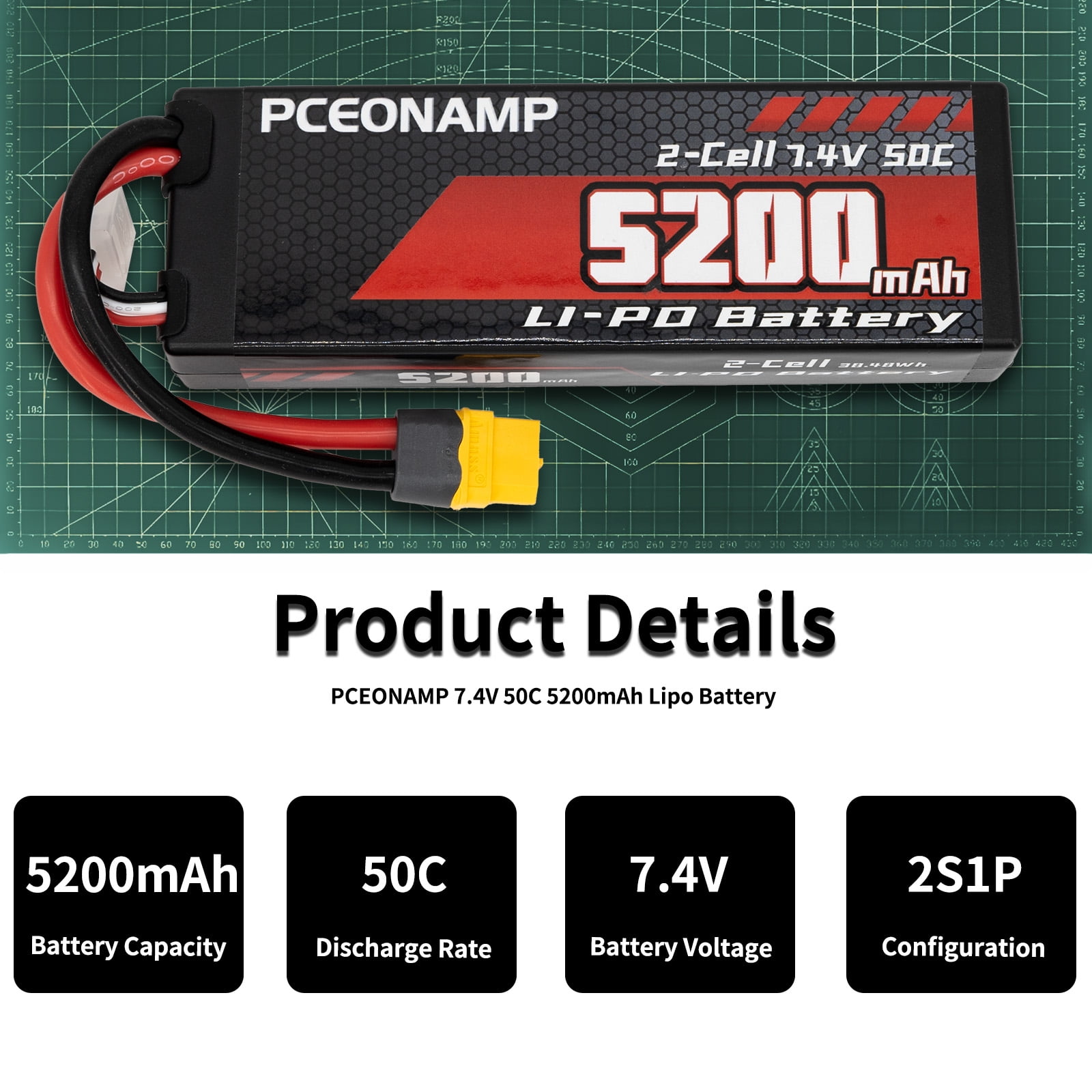 PCEONAMP  5200mAh 2S Lipo Battery 7 4V  Battery with XT60 Plug Hard Case fit for 1/8 1/10 RC Vehicles Car Slash RC Buggy Truggy RC Airplane UAV Drone