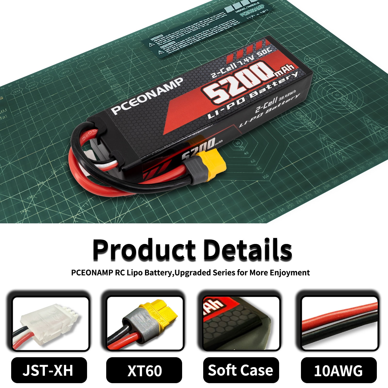 PCEONAMP  5200mAh 2S Lipo Battery 7 4V  Battery with XT60 Plug Hard Case fit for 1/8 1/10 RC Vehicles Car Slash RC Buggy Truggy RC Airplane UAV Drone