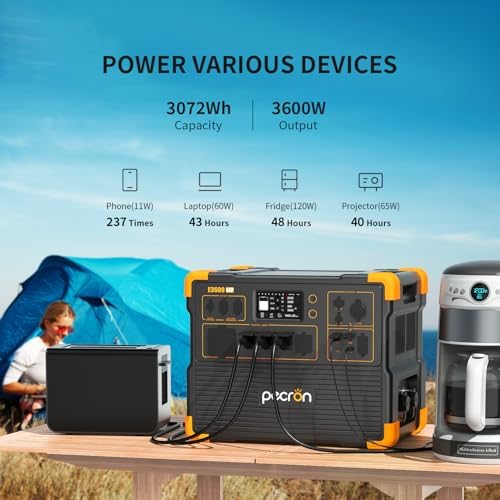 PECRON Portable Power Station 3072Wh E3600LFP with Trolley  5x3600W AC Outlets Power Station  LiFePO4 Battery Backup Expanded to 15 36KWh  Solar Generator for Home Use  RV  Camping  CPAP  Emergency