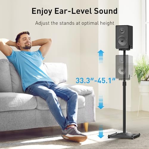 PERLESMITH Universal Speaker Stands for Surround Sound  Height Adjustable Extend 33 3 to 45 1   Floor Speaker Stand for Satellite & Studio & Bookshelf Speakers up to 11LBS 1 Pair Black  PSSS2