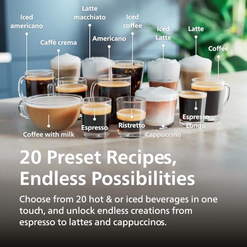 PHILIPS Serie 5500 Máquina de café espresso totalmente automática, sistema de leche LatteGo, molinillo integrado, 20 preajustes de café caliente y helado, inicio rápido, SilentBrew, presión de 15