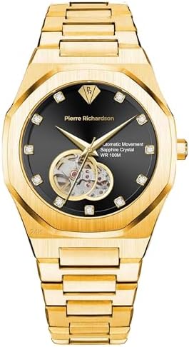 PIERRE RICHARDSON PR5922 Men s Watch  Black Dial  24K Pure Gold Plated  Automatic  Sapphire Glass  41mm  10ATM