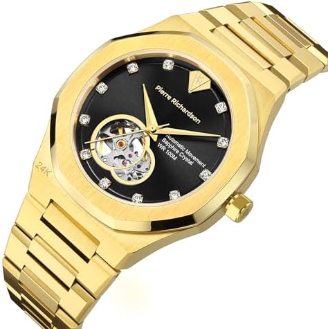PIERRE RICHARDSON PR5922 Men s Watch  Black Dial  24K Pure Gold Plated  Automatic  Sapphire Glass  41mm  10ATM