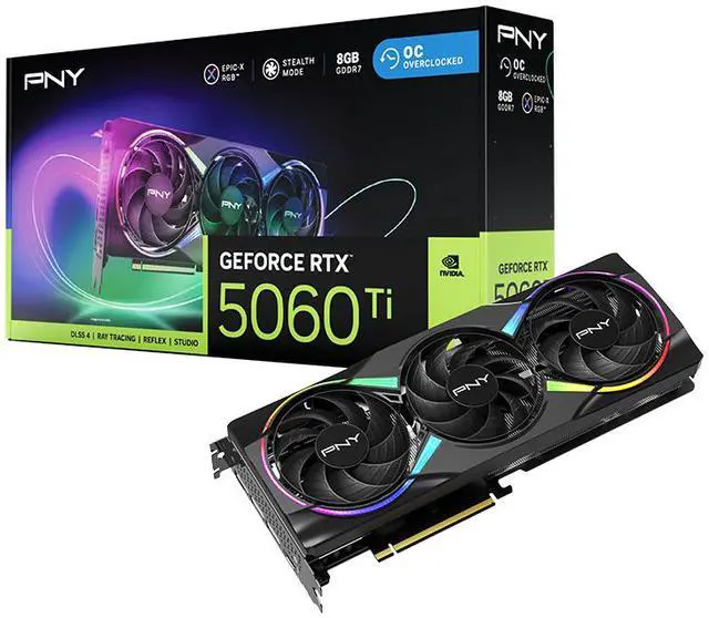 PNY ARGB OC GeForce RTX 5060 Ti DLSS 4 0 PCI Express 5 0 x8 8GB 128 Bit GDDR7 DLSS 4 0 Graphics Card RTX 5060 Ti 8GB Triple Fan ARGB OC VCG5060T8TFXXPB1 O