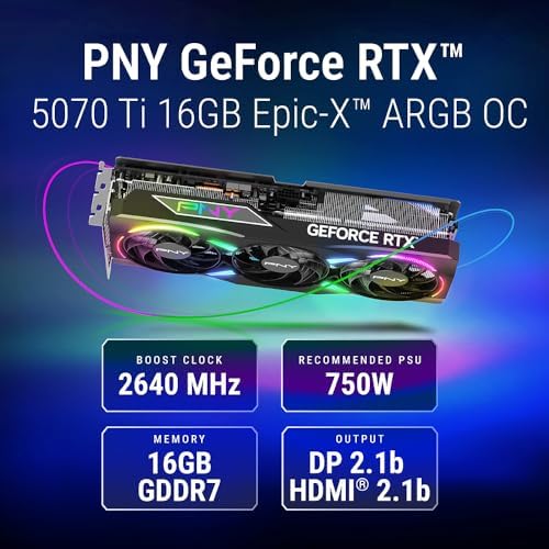 PNY GeForce RTX 5070 Ti Epic X ARGB OC Triple Fan  Graphics Card  16GB GDDR7  256 Bit  2640 MHz Boost  PCIe 5 0  HDMI/DP 2 1  NVIDIA Blackwell  DLSS 4