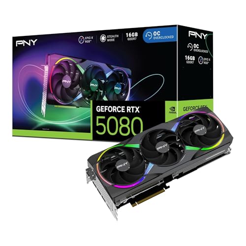 PNY NVIDIA GeForce RTX 5080 Epic-X ARGB OC Triple ventilador, tarjeta gráfica (16 GB GDDR7, 256 bits, velocidad de aumento: 2775 MHz, PCIe 5.0, HDMI/DP 2.1, 2.99-Slot, NVIDIA Blackwell Architecture