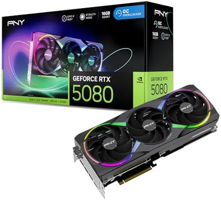 PNY NVIDIA GeForce RTX  5080 Epic X  ARGB OC Triple Fan  Graphics Card  16GB GDDR7  256 bit  Boost Speed  2775 MHz  PCIe  5 0  HDMI /DP 2 1  2 99 Slot  NVIDIA Blackwell Architecture  DLSS 4 