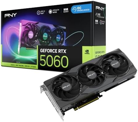 PNY NVIDIA GeForce RTX™ 5060 Epic-X™ ARGB OC Triple Fan, Tarjeta Gráfica (8GB GDDR7, 128-bit, SFF-Ready, PCIe® 5.0, HDMI®/DP 2.1, 2-Slot, Arquitectura NVIDIA Blackwell, DLSS 4)