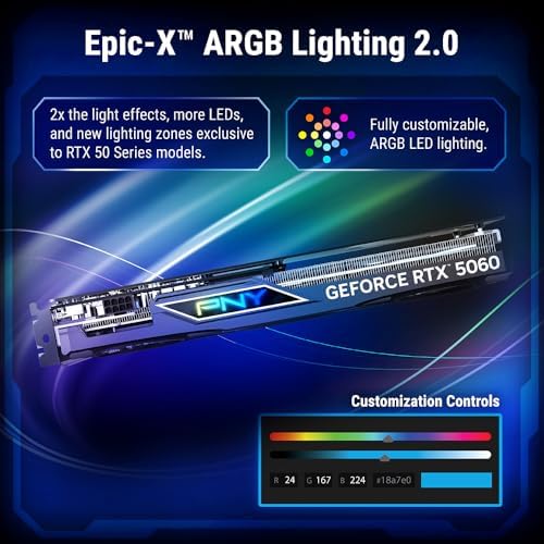 PNY NVIDIA GeForce RTX  5060 Epic X  ARGB OC Triple Fan  Graphics Card  8GB GDDR7  128 bit  SFF Ready  PCIe  5 0  HDMI /DP 2 1  2 Slot  NVIDIA Blackwell Architecture  DLSS 4 