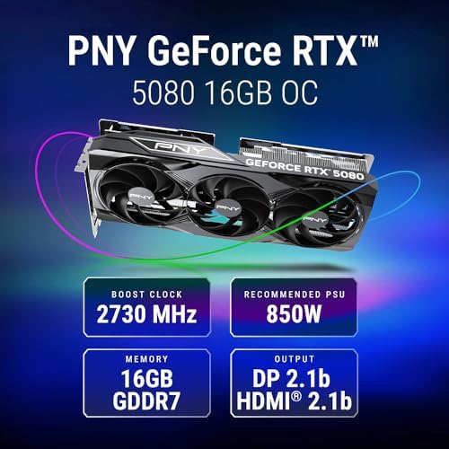 PNY NVIDIA GeForce RTX  5080 OC Triple Fan  Graphics Card  16GB GDDR7  256 bit  Boost Speed  2730 MHz  PCIe  5 0  HDMI /DP 2 1  2 99 Slot  NVIDIA Blackwell Architecture  DLSS 4