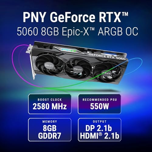 PNY NVIDIA GeForce RTX  5060 Epic X  ARGB OC Triple Fan  Graphics Card  8GB GDDR7  128 bit  SFF Ready  PCIe  5 0  HDMI /DP 2 1  2 Slot  NVIDIA Blackwell Architecture  DLSS 4 