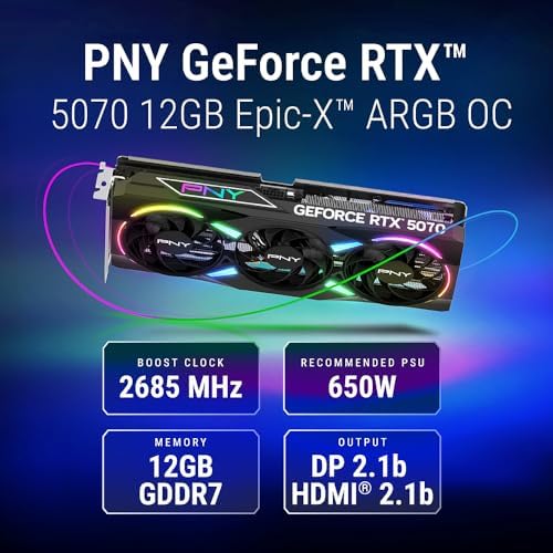 PNY NVIDIA GeForce RTX  5070 Epic X  ARGB OC Triple Fan  Graphics Card  12GB GDDR7  192 bit  Boost Speed  2685 MHz  SFF Ready  PCIe  5 0  HDMI /DP 2 1  2 4 Slot  Blackwell Architecture  DLSS 4 