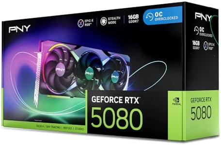 PNY NVIDIA GeForce RTX  5080 Epic X  ARGB OC Triple Fan  Graphics Card  16GB GDDR7  256 bit  Boost Speed  2775 MHz  PCIe  5 0  HDMI /DP 2 1  2 99 Slot  NVIDIA Blackwell Architecture  DLSS 4 