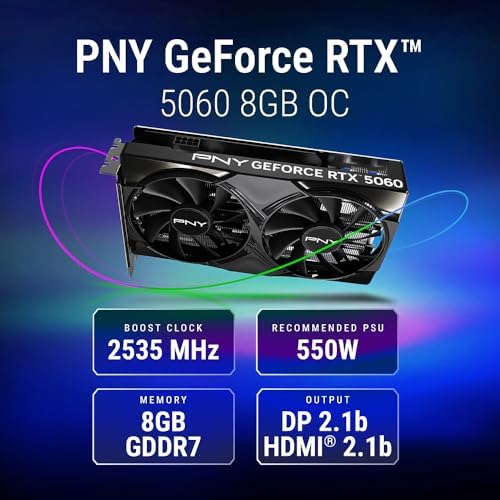 PNY NVIDIA GeForce RTX  5060 OC Dual Fan  Graphics Card  8GB GDDR7  128 bit  SFF Ready  PCIe  5 0  HDMI /DP 2 1  2 Slot  NVIDIA Blackwell Architecture  DLSS 4 