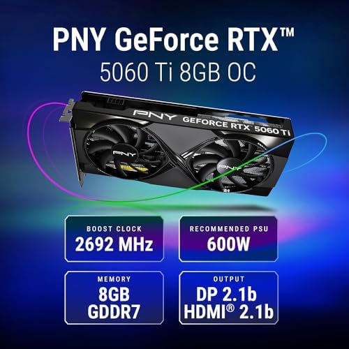 PNY NVIDIA GeForce RTX  5060 Ti OC Dual Fan  Graphics Card  8GB GDDR7  128 bit  Boost Speed  2692 MHz  SFF Ready  PCIe  5 0  HDMI /DP 2 1  2 Slot  NVIDIA Blackwell Architecture  DLSS 4 