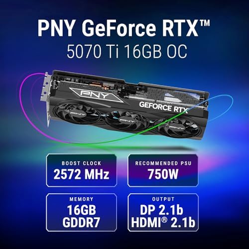 PNY NVIDIA GeForce RTX  5070 Ti OC Triple Fan  Graphics Card  16GB GDDR7  256 bit  Boost Speed  2572 MHz  PCIe  5 0  HDMI /DP 2 1  2 98 Slot  Blackwell Architecture  DLSS 4 