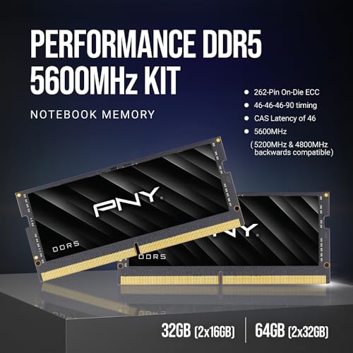 PNY Performance 32GB  2x16GB  DDR5 DRAM 5600MHz  PC5 44800    CL46 46 46 90  Compatible with 5200MHz  4800MHz   1 1V  262 Pin Non ECC   Notebook/Laptop  SODIMM  Computer Memory Kit   MN32GK2D55600 TB
