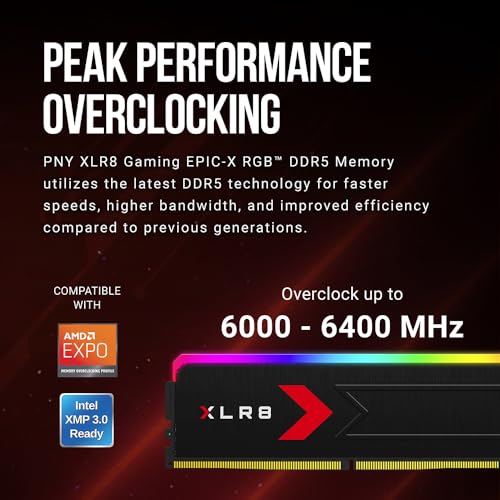 PNY XLR8 Gaming Epic X RGB  64GB  2x32GB  DDR5 RAM 6000MHz CL30 1 4V  XMP/Expo Compatible  Desktop Memory Kit