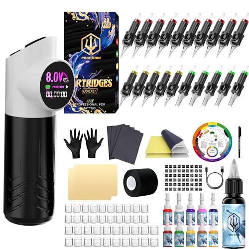 POSEIDON Panda Design Tattoo Gun with Paw Buttons  Wireless Tattoo Pen Machine Kit with Battery  Ink  20 Cartridge Needles  4 Memory Modes  Normal/Dot Mode  LED Display  Complete Starter Supplies